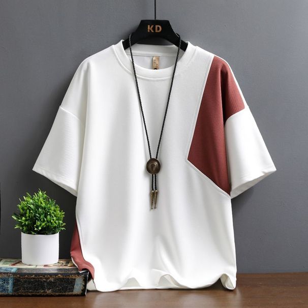 2025 Summer New Ice Silk Crew Neck Top Loose And Versatile Half-sleeved Trendy Men Handsome And Versatile Contrasting Short Sleeves_viptrois.com