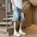 Men's Vintage Blue Washed Denim Shorts, Loose Fit Casual Cargo Shorts For Teen Boys, Summer Streetwear Fashion, Comfortable Cotton Mid-Thigh Shorts_viptrois.com