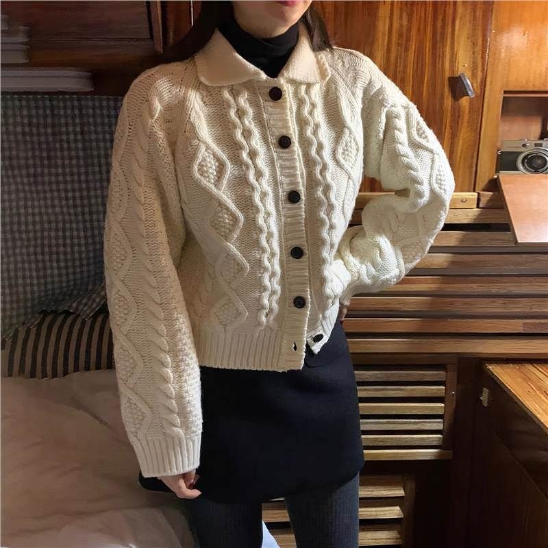 Pure Polo Collar Japanese Retro Knitted Cardigan Men Korean Trendy Fashion Couple Thick Loose Casual Sweater_viptrois.com