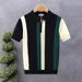 Men's Summer Ice Silk Knitted Polo Shirt Short Sleeve Trendy British Style Color Block Striped Casual Fashion Turn Down Collar T-Shirt_viptrois.com