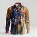 Starlit Sky Mens Casual Shirt Spring Single Breasted Lapel Design Loose Fit Comfortable Business Shirt Wolf Oil Painting 2025_viptrois.com