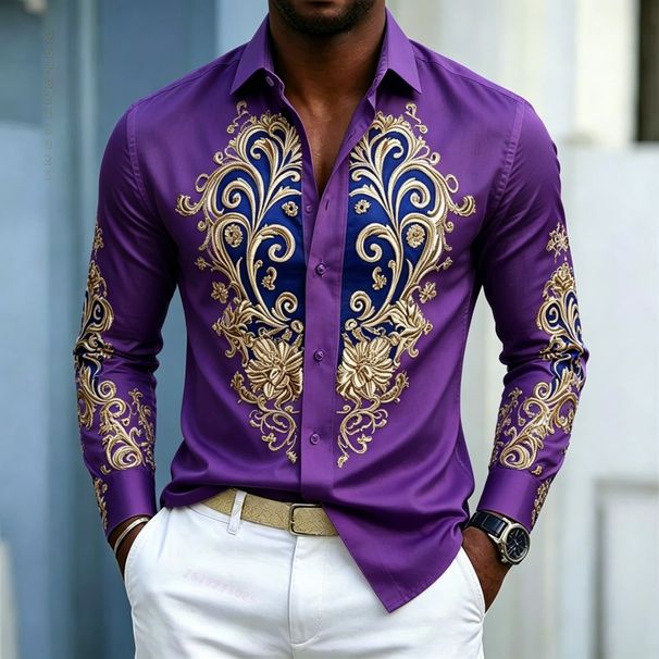 Camisa Para Hombre, Estilo Palaciego De Lujo Ligero, Top De Manga Larga, Diseño En Contraste Azul Y Dorado, Ropa Informal De Negocios Para Hombre_viptrois.com