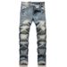 Men's Stretch Denim Jeans With Punk-Inspired Print & Destructive Details - Slim Fit Retro Blue Denim Pants With Whisker Effects_viptrois.com