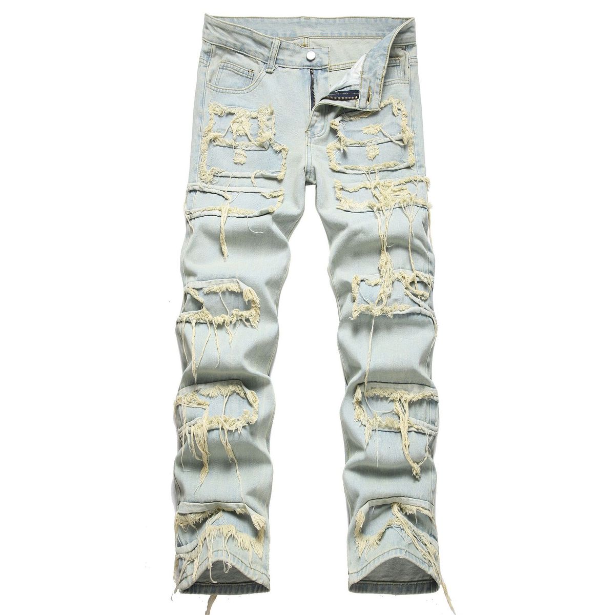 Men's Straight Leg Patchwork Denim Jeans - Vintage Washed High Street Baggy Pants With Raw Hem & Distressed Details (Color 0070, Size 28-38)_viptrois.com