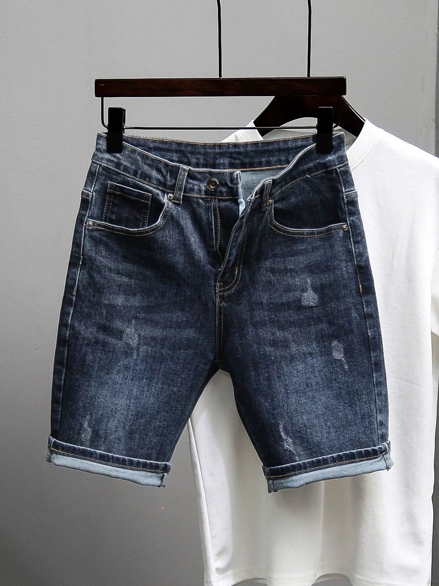 Men's Clothing New Men's Denim Shorts Loose Fashion Brand Five Point Mid Length Pants Trendy Hole Elastic Breeches_viptrois.com