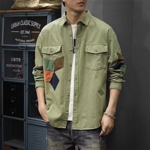 Trendy Brand Youth Loose Casual Workwear Long Sleeved Shirt, Spring And Autumn Patchwork Versatile Shirt Jacket For Men_viptrois.com