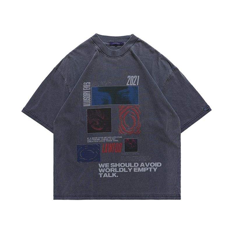 Summer New National Trend Brand Niche Design Puzzle Print Washed Loose Short Sleeve T-Shirt For Men_viptrois.com