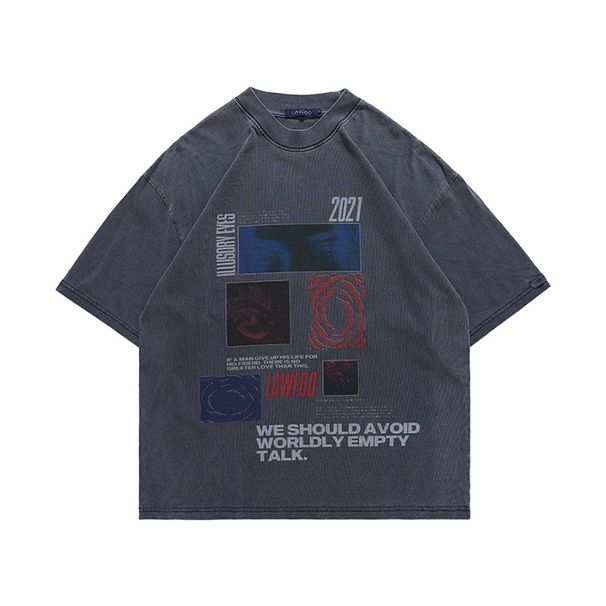 Summer New National Trend Brand Niche Design Puzzle Print Washed Loose Short Sleeve T-Shirt For Men_viptrois.com