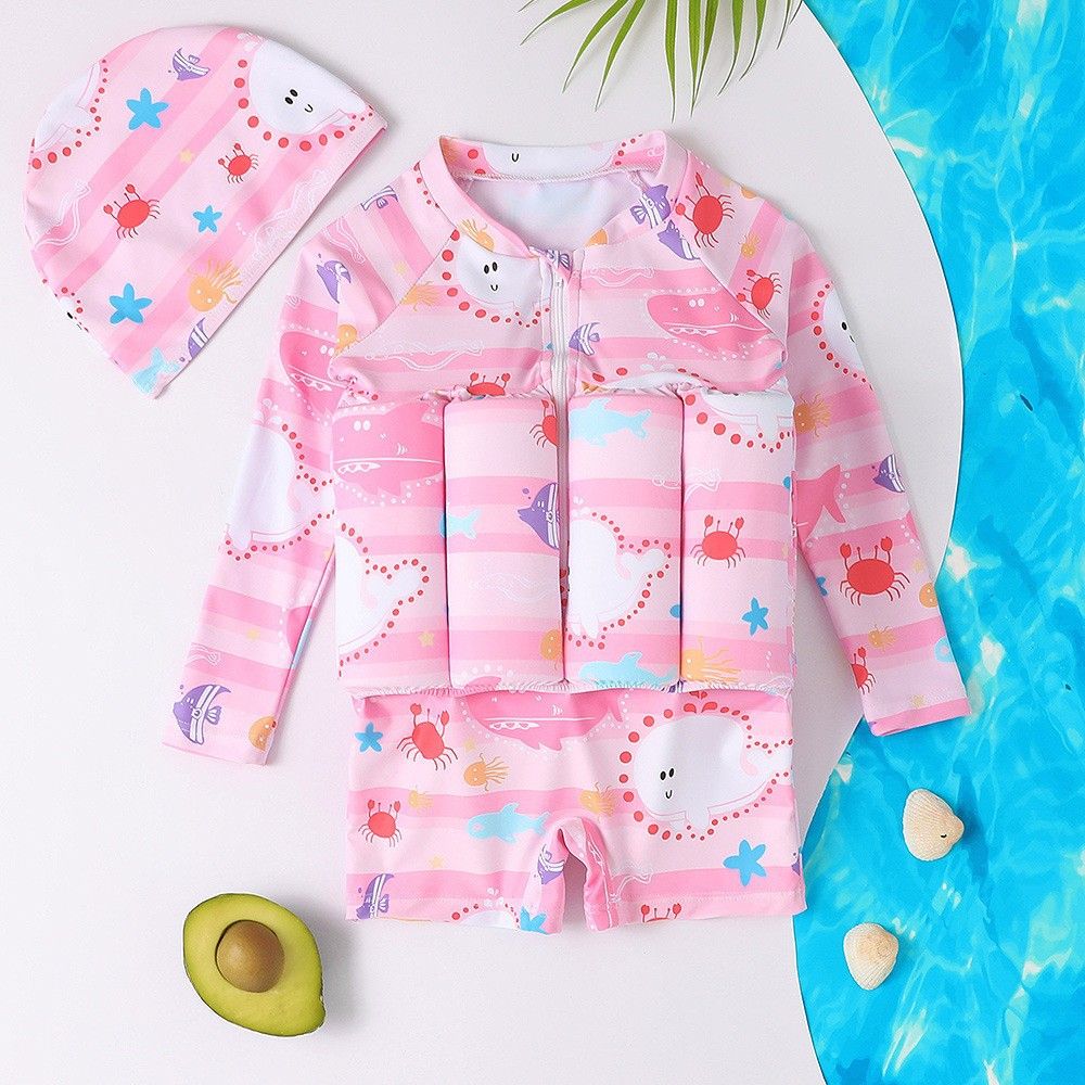 Mother & Kids Children's Buoyancy Swimsuit Girls Boys Girls Cute Baby Long Sleeved Sun Protection One Piece Surfing Floating Vest Swimsuit_viptrois.com