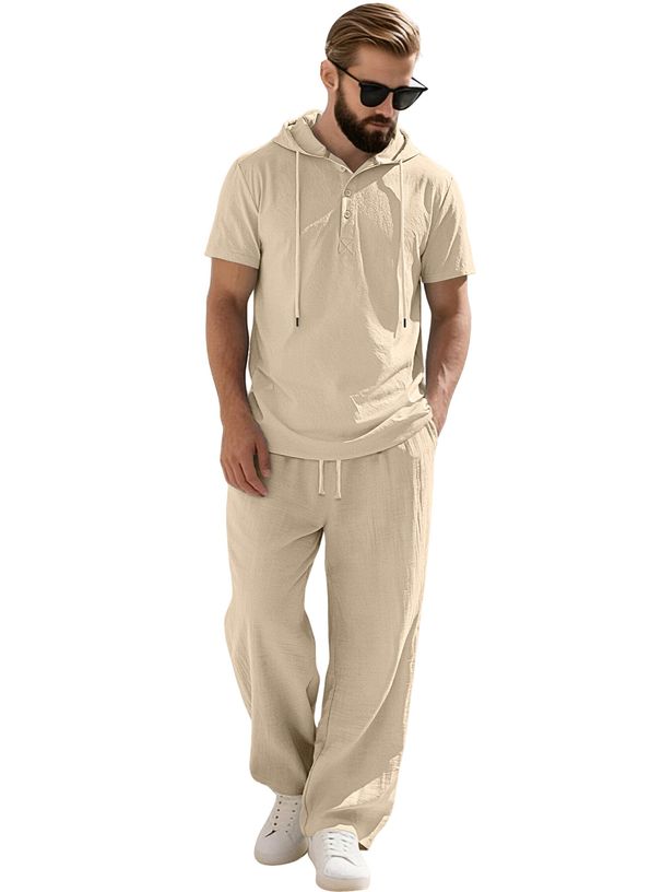 Men's Casual Hooded Button-Down Shirt With Matching Shorts Set - Breathable Summer Outfit_viptrois.com