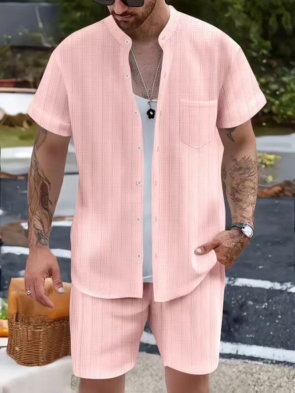 Men's Clothing New Summer Men's Shirt Casual Henry Collar Pocket Short Sleeved Shorts Beach Suit_viptrois.com