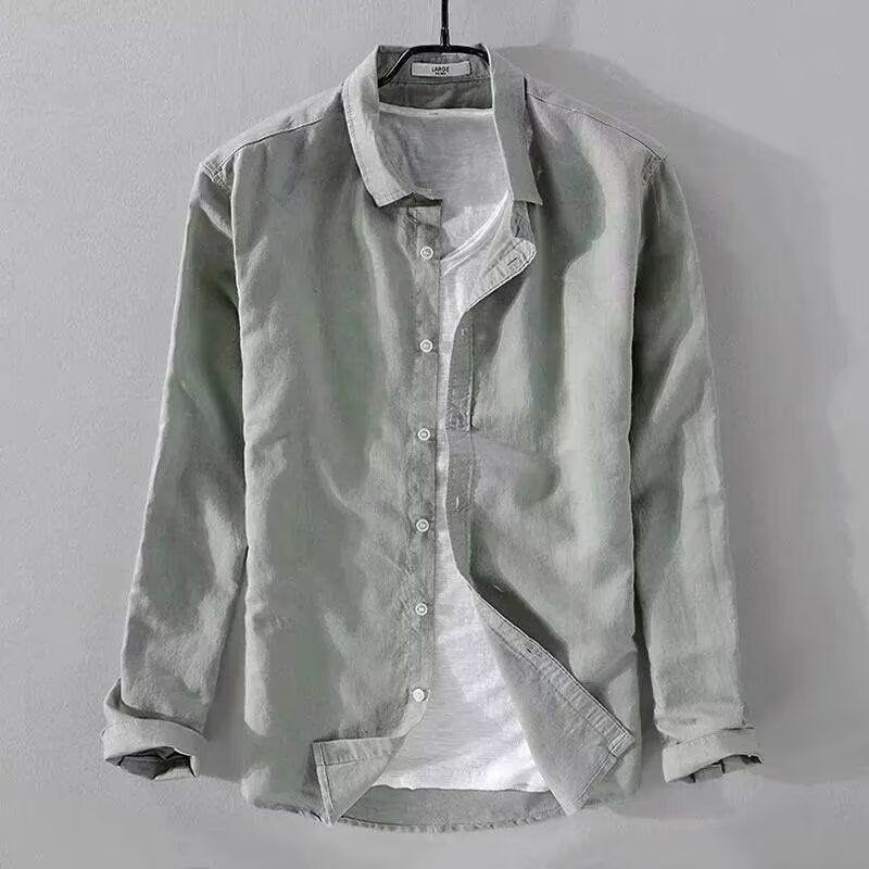 Men's Clothing Linen Shirt Long Sleeved Shirt Casual Lapel Solid Color Loose Breathable Linen Shirt_viptrois.com