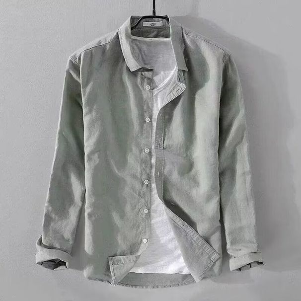 Men's Clothing Linen Shirt Long Sleeved Shirt Casual Lapel Solid Color Loose Breathable Linen Shirt_viptrois.com