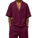Men's Waffle Knit Short Sleeve Deep V Neck Casual Fashion Beach Shorts Style Suit_viptrois.com