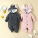 Mother & Kids Soft Cotton Baby Hooded Romper With Bunny Ears - Long Sleeve Jumpsuit For Infants 0-18M (Grey/Pink)_viptrois.com