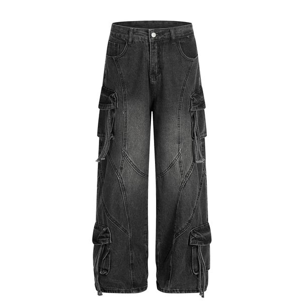 Multi-Pocket Cargo Jeans For Men Punk Heavy-Duty Distressed Washed Three-Dimensional Deconstructed Wide-Leg Straight_viptrois.com