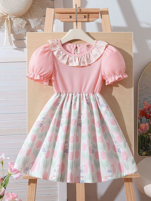 2025 Hot Selling Girls Lotus Leaf Round Neck Print A Line Princess Dress Cross Border Foreign Trade_viptrois.com