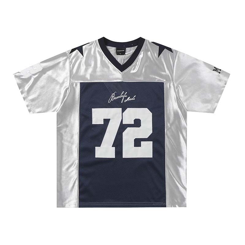 Men's Clothing Mesh Contrast Color Stitching V Neck Short Sleeved Jersey Men's High Street Loose Sports T Shirt_viptrois.com
