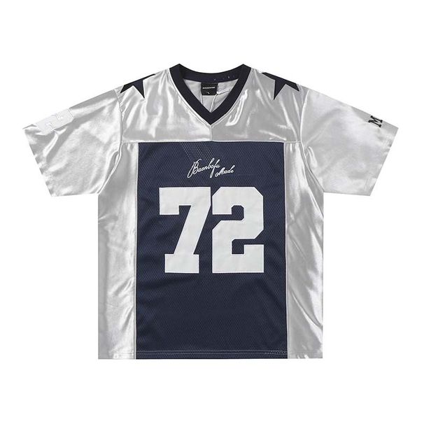 Men's Clothing Mesh Contrast Color Stitching V Neck Short Sleeved Jersey Men's High Street Loose Sports T Shirt_viptrois.com