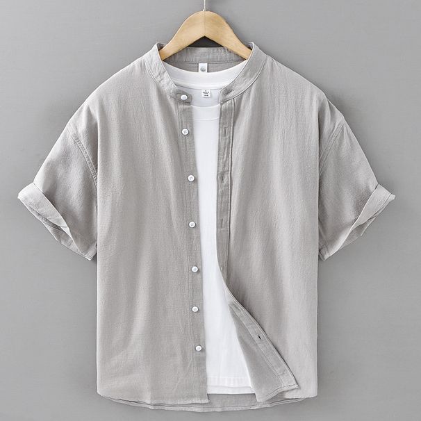 Summer Casual Stand Up Collar Shirt, Comfortable Pure Cotton Short Sleeved Shirt, Men's Thin And Simple Top_viptrois.com