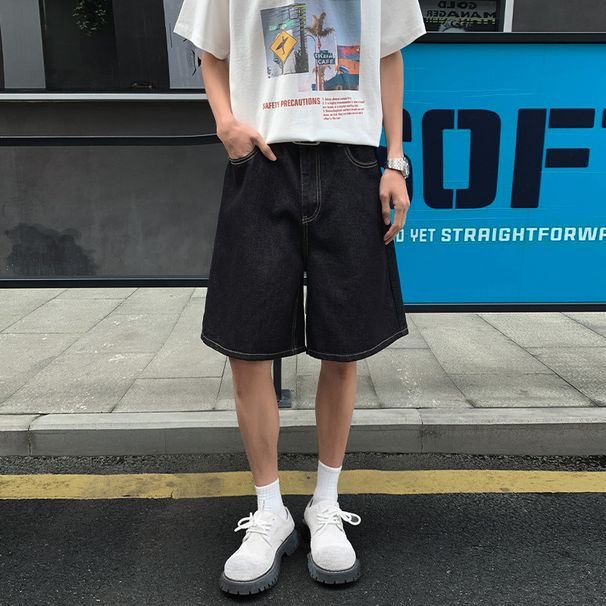 Summer New Denim Raw Color Men's Loose Straight Mid-length Casual Wide-leg Quarter-length Shorts_viptrois.com