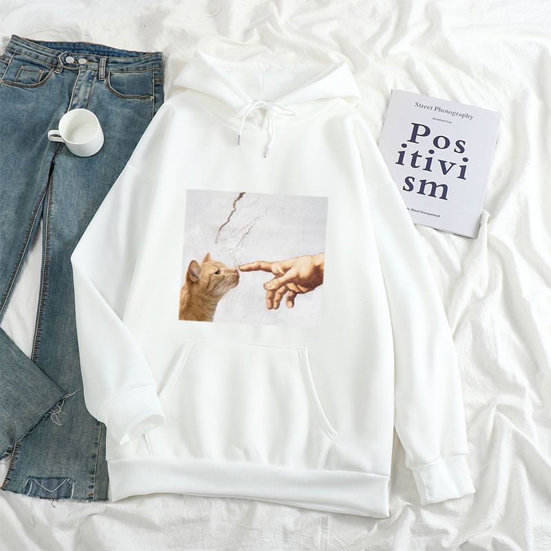 2024 New Women's Clothing Autumn Winter Funny Adam's Hand Of Creation And Cat Hooded Sweatshirt_viptrois.com