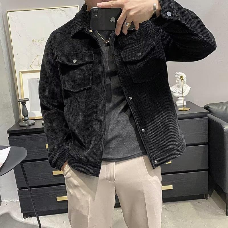 Men’s Wool-Blend Short Lapel Coat – Lightweight Winter Jacket (Black/Apricot, S-XXXL)_viptrois.com