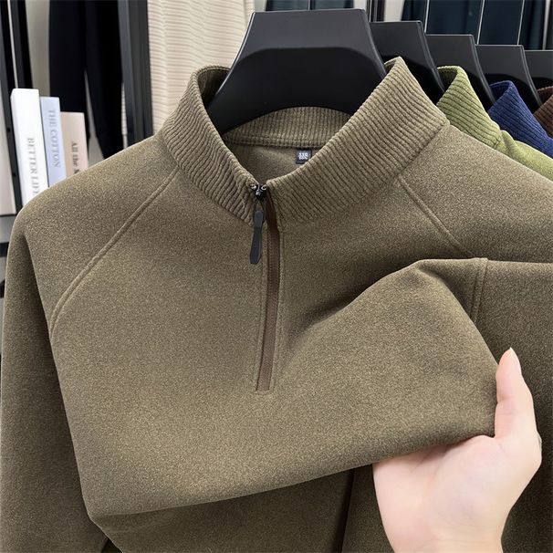 Men's Clothing Thermal Long Sleeve T-Shirt, Fleece-Lined Winter Base Layer, Soft Brushed Fabric, High Neck Zip-Up Sweatshirt, Warm Casual Pullover_viptrois.com