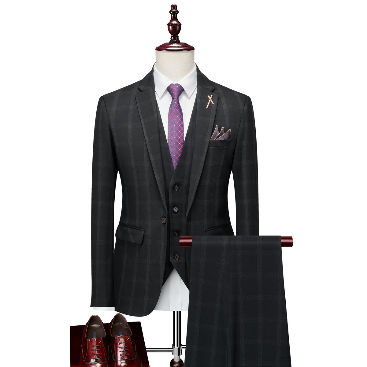 Men's clothing Plaid Three-piece Suit Suit Men's Casual Suit Groom's Groomsmen's Dress_viptrois.com