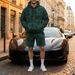 Men's Winter Fleece Hoodie & Shorts Set - 280GSM Polyester Streetwear Wth Adjustable Drawstring & Contrast Stitching (Sage Green/Cream, S-XXL)_viptrois.com