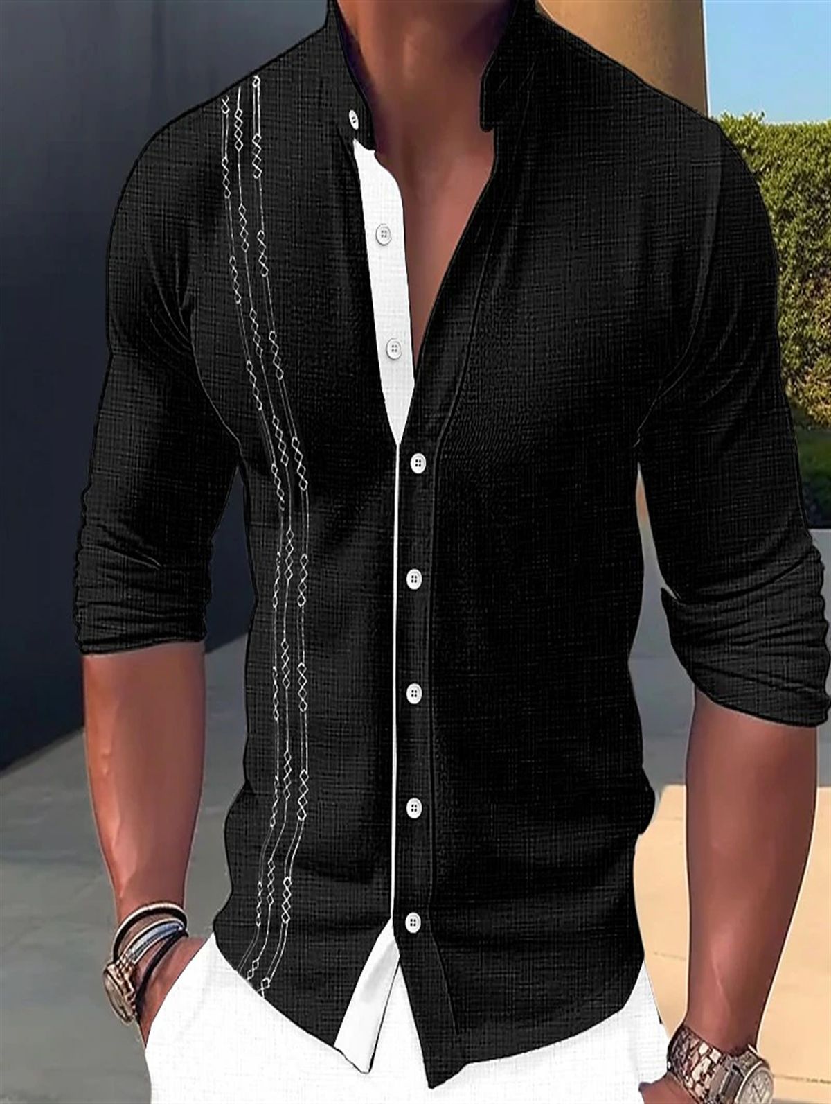 Men's Clothing Colorblock Embroidered Stand Collar Cardigan Long Sleeve Shirt_viptrois.com