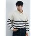 Long Sleeved Knitted Sweater Men's V-neck Lapel Striped_viptrois.com