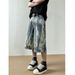 American Washed Flame Patterned Tied Denim Cropped 2025 Straight Loose Over Knee Casual Wide Leg Pants_viptrois.com