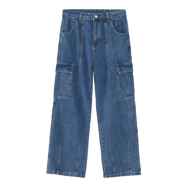 Unisex Streetwear Wide Leg Denim Pants Cargo Jeans with Utility Pockets Loose Fit Washed Blue And Grey for Men And Women_viptrois.com