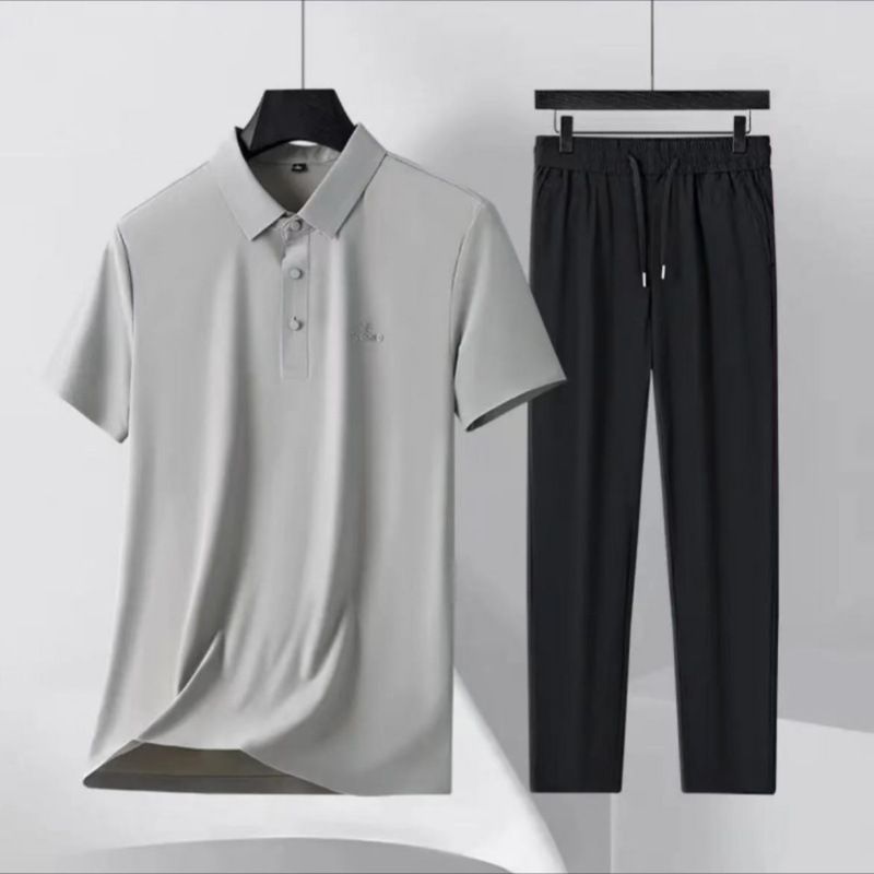 Men's Clothing Ice Silk Suit For Middle Aged And Elderly Men Business Casual Short Sleeve Shirt And Pants Set For Formal & Casual_viptrois.com