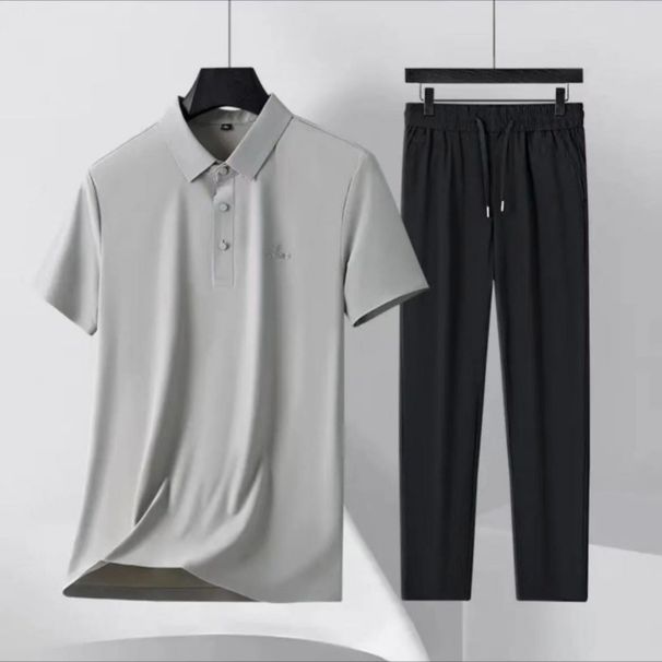Men's Clothing Ice Silk Suit For Middle Aged And Elderly Men Business Casual Short Sleeve Shirt And Pants Set For Formal & Casual_viptrois.com