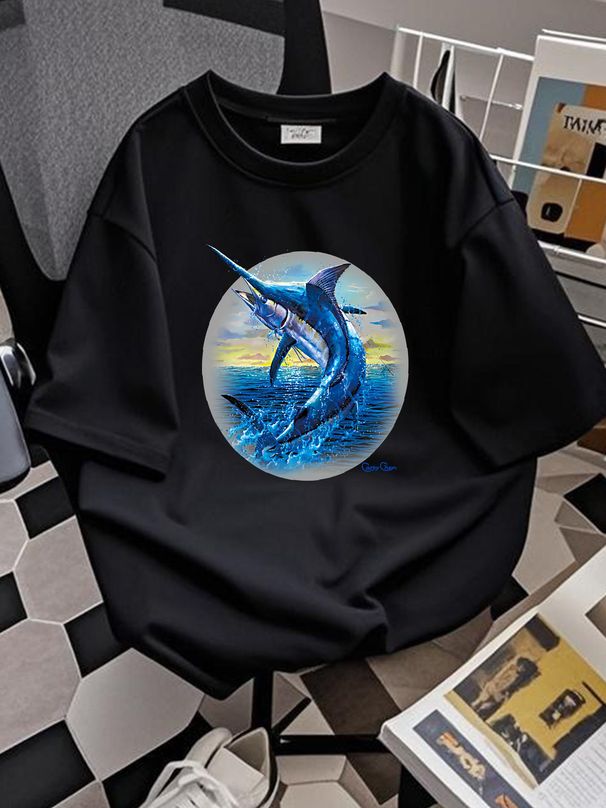 Men's Jumping Blue Marlin Sport Fishing Saltwater Fish Fisher Reel It Boat Lure Catch Ocean Vacation Crewneck T-Shirt Casual Stretched Homme_viptrois.com