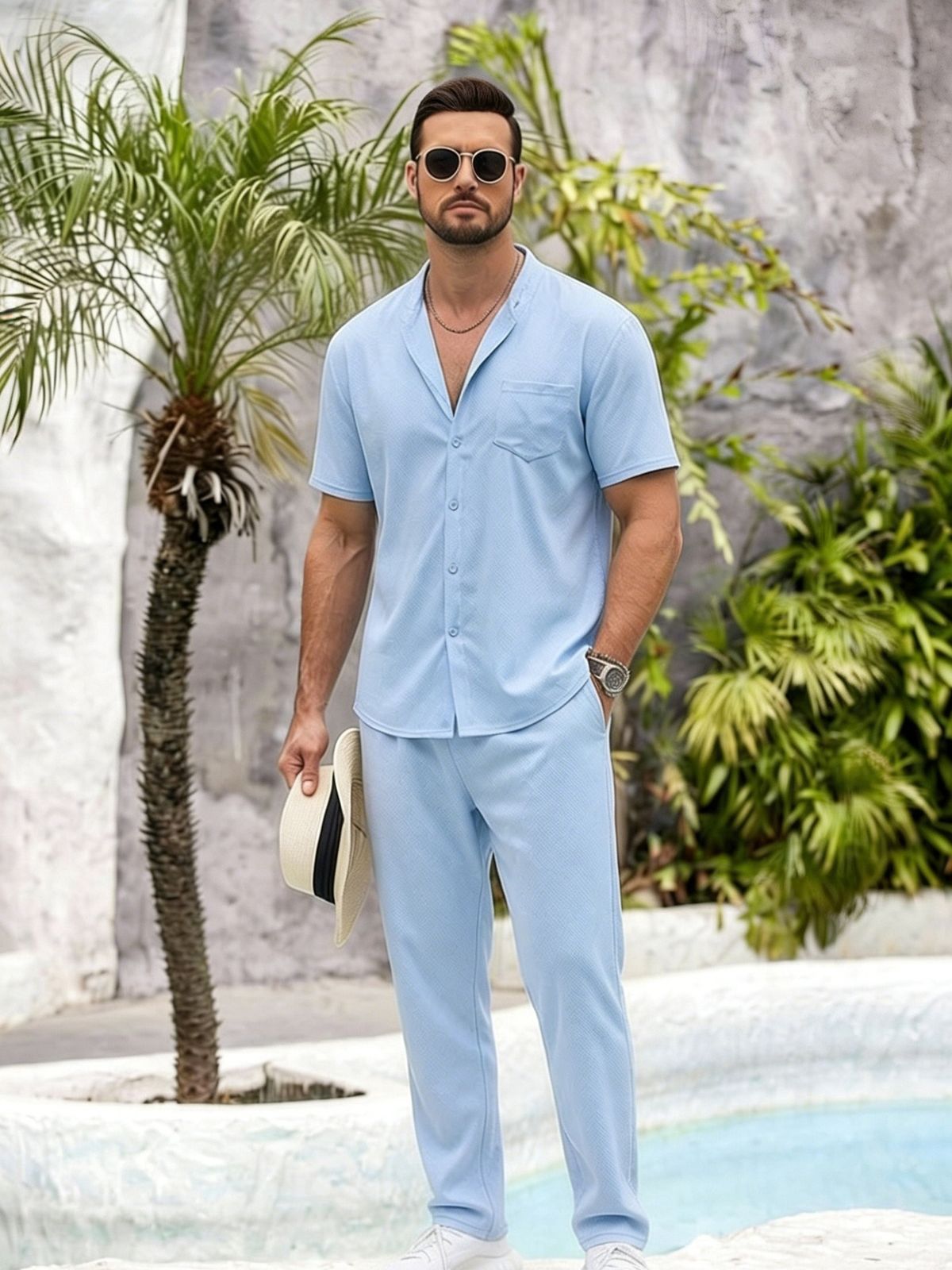 Summer Men's Short Sleeve Shirt And Trousers Two Piece Set Solid Color Casual Suit For Beach Vacation Mature Style_viptrois.com