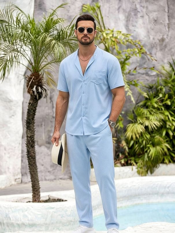 Summer Men's Short Sleeve Shirt And Trousers Two Piece Set Solid Color Casual Suit For Beach Vacation Mature Style_viptrois.com