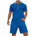 Men's Waffle Knit Short Sleeve Shirt & Shorts Set - Lapel Collar With Zipper Detail, Solid Color Casual Outfit_viptrois.com