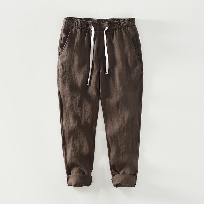 Men's Clothing Pure Linen Fabric Breathable Drawstring Trousers Men's Solid Color Simple Casual Trousers_viptrois.com