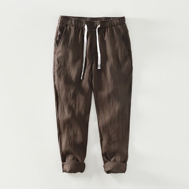 Men's Clothing Pure Linen Fabric Breathable Drawstring Trousers Men's Solid Color Simple Casual Trousers_viptrois.com