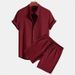 Men's Casual Short Sleeved Shirt And Shorts Set Solid Color Fashion Multi Color Bamboo Wrinkle_viptrois.com