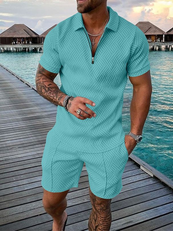 Men's Clothing Menswear New Independent Station Supply Casual Contrast Color Polo Zip Lapel Shirt Short Sleeve Set_viptrois.com