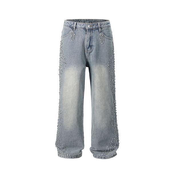 Men's Clothing High Street Washed Loose Wide Leg Pearl Full Diamond Print Stacked Jeans Jeans_viptrois.com
