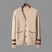 Pulse 25th Autumn Winter New V-neck Knitted Wool Cardigan Men's Vertical Striped Button Long Sleeve Warm Casual Top Jacket_viptrois.com