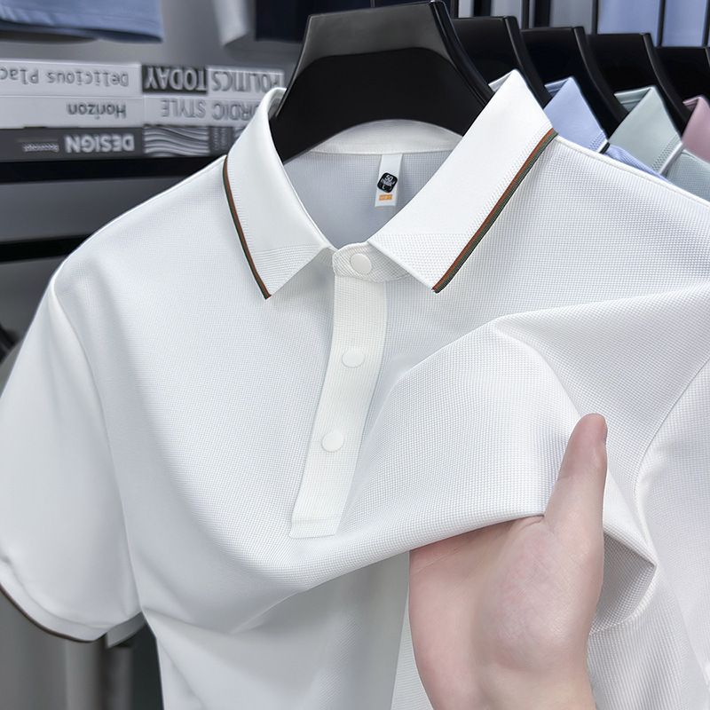 Summer New Seamless Waffle Jacquard Lapel Short-sleeved T-shirt Men's Solid Color Business Casual Polo Shirt_viptrois.com