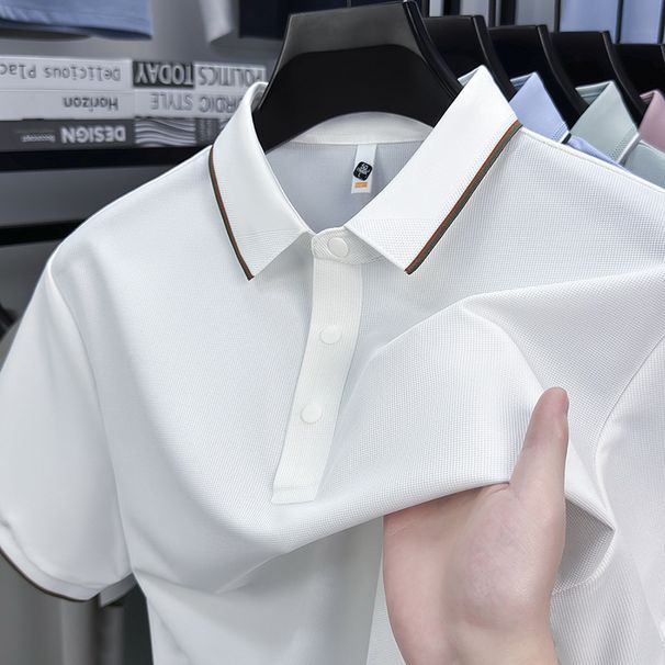 Summer New Seamless Waffle Jacquard Lapel Short-sleeved T-shirt Men's Solid Color Business Casual Polo Shirt_viptrois.com