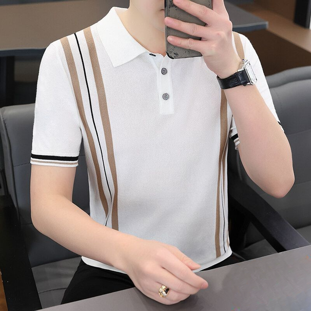 Summer New Collection: Ice Silk, Leading Striped Collar Polo Sweater, Short Sleeve Knitted T-shirt_viptrois.com