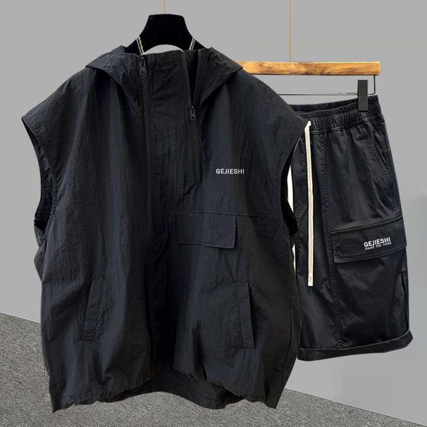 2025 Summer New Workwear Zipper Design Vest T-Shirt Men Korean Style Trendy Casual Two-Piece Set_viptrois.com